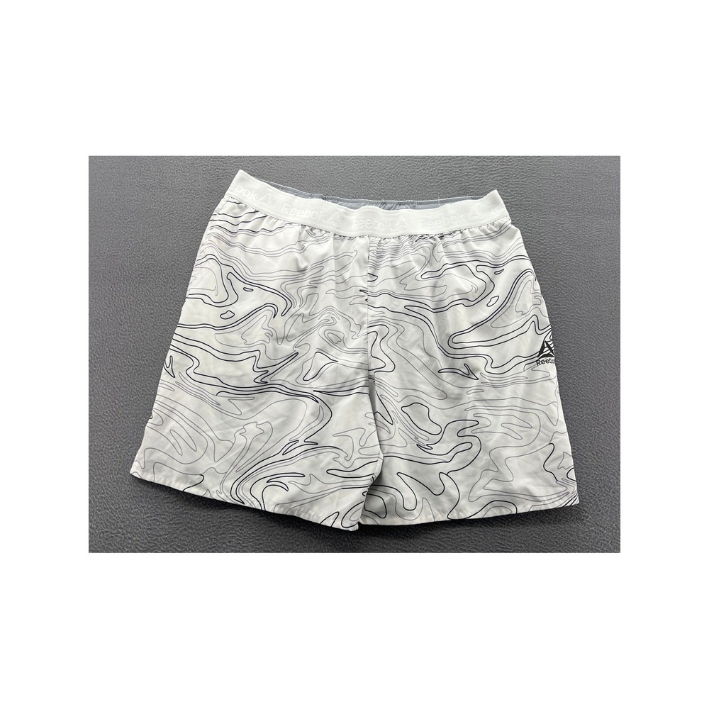 Reebok Running Shorts Mens 2XL White Black Marble Topo Print Gym Athletic Lined